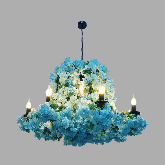 Blue Metal LED Suspension Candle Chandelier Light Fixture with Cherry Blossom - 6/8 Bulbs - Industrial Style