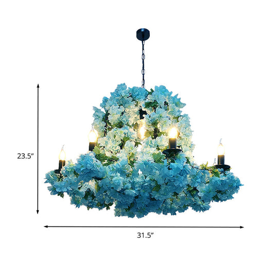 Blue Metal Candle Chandelier With Led Suspension Lighting & Cherry Blossoms - 6/8 Bulbs