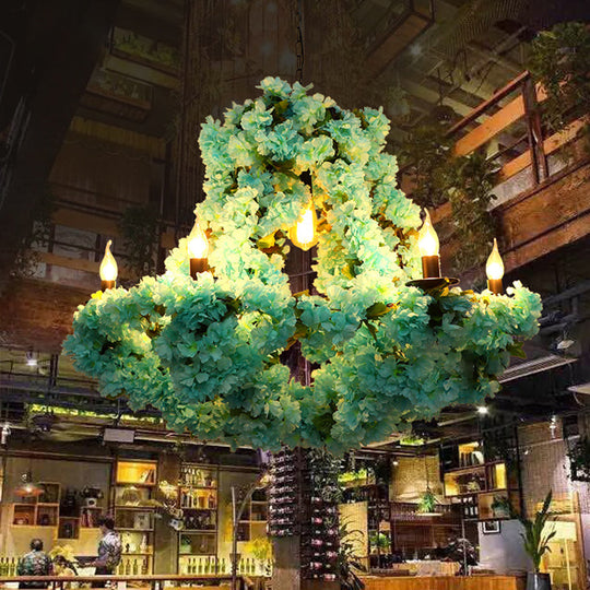 Industrial Metal Led Chandelier With Cherry Blossom Decor - 6 Bulbs Candle Pendant Suspension