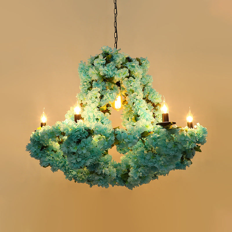 Industrial Blue Metal LED Candle Pendant Chandelier with Cherry Blossom Decoration - 6 Bulb Suspension Lighting Fixture