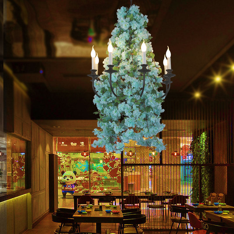 Blue LED Candle Restaurant Chandelier with Industrial Metal Frame - 8 Bulbs, Flower Decor - Pendant Lighting for Ceiling