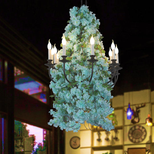 Blue LED Candle Restaurant Chandelier with Industrial Metal Frame - 8 Bulbs, Flower Decor - Pendant Lighting for Ceiling