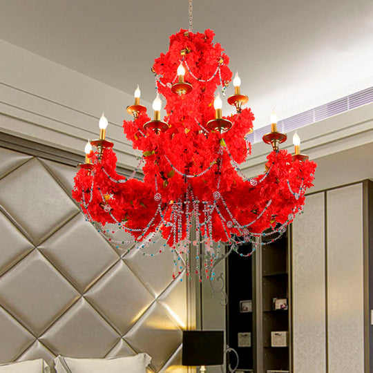 Red Metal Candle Pendant Chandelier With Crystal Accents - Antique Style 12 Bulbs Led Perfect For
