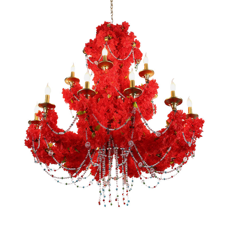 Red Metal Candle Pendant Chandelier With Crystal Accents - Antique Style 12 Bulbs Led Perfect For