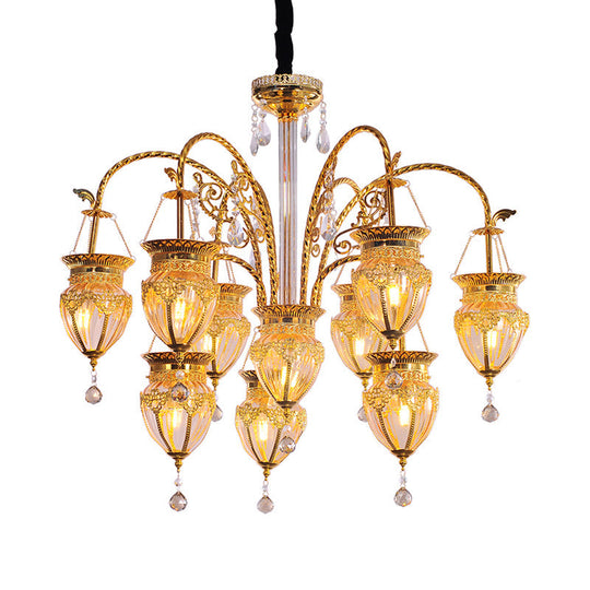 Art Deco Gold Urn Chandelier With Prismatic Glass & Crystal Accent - 10 Heads Living Room Pendant