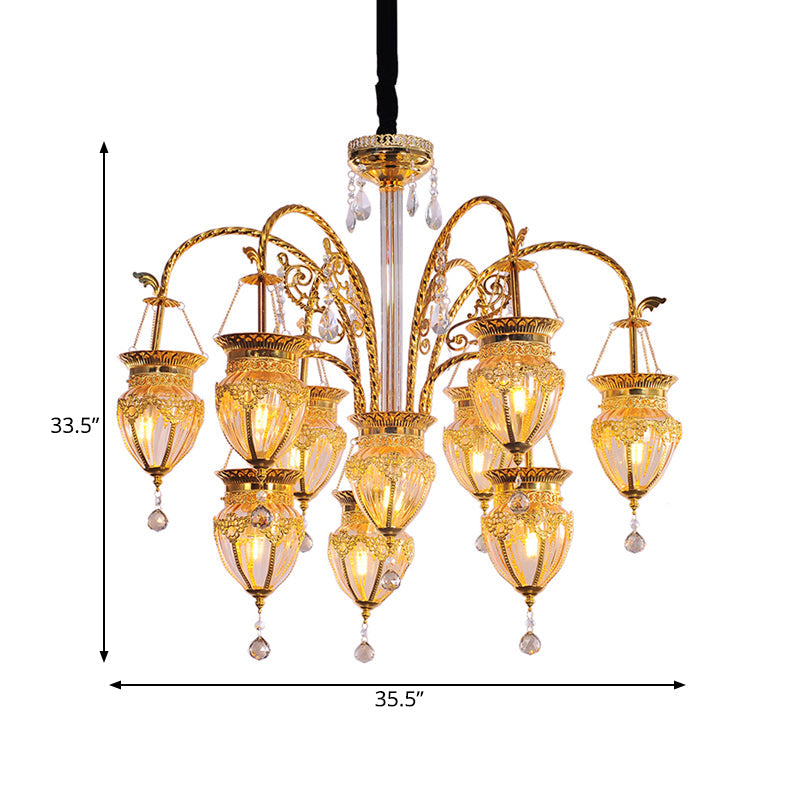 Art Deco Gold Urn Chandelier With Prismatic Glass & Crystal Accent - 10 Heads Living Room Pendant