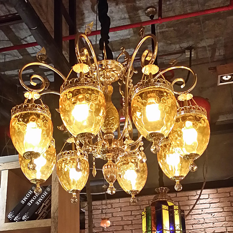 Traditional Gold Dimpled Glass Urn Pendant Chandelier Ceiling Light 8 Bulbs - Perfect For
