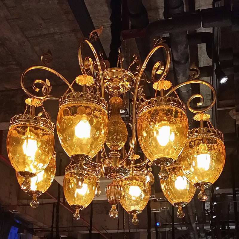 Traditional Gold Dimpled Glass Urn Pendant Chandelier Ceiling Light 8 Bulbs - Perfect For