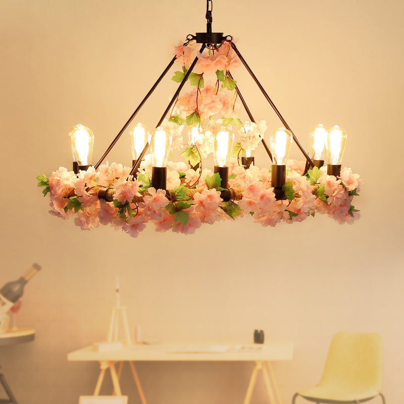 Industrial Metal Led Pendant Light With 10 Bulbs - Pink/Green Finish Perfect For Restaurants Pink