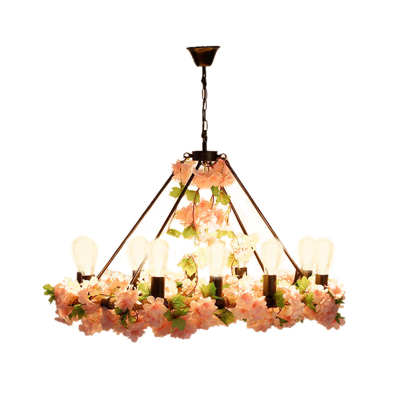 Industrial Metal Led Pendant Light With 10 Bulbs - Pink/Green Finish Perfect For Restaurants