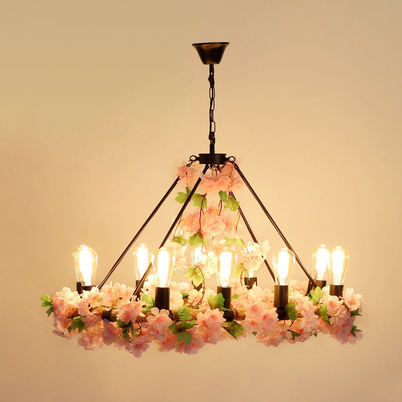 Industrial Metal Led Pendant Light With 10 Bulbs - Pink/Green Finish Perfect For Restaurants