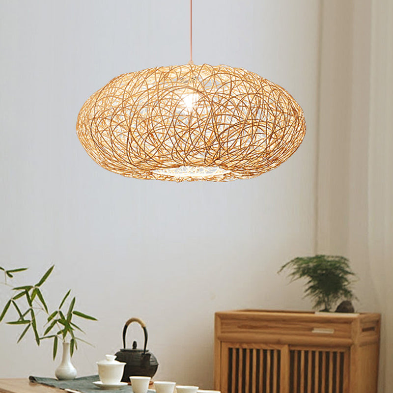 Natural Bamboo Shade Chinese Lantern Pendant Light - Hanging Fixture With Beige Glow