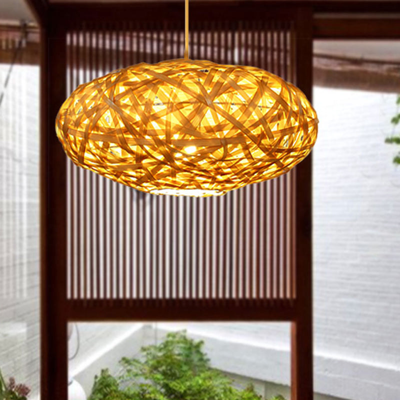 Bamboo Ceiling Lamp - Japanese Style Oval Shape 1 Head Beige Hanging Light Fixture For Restaurants