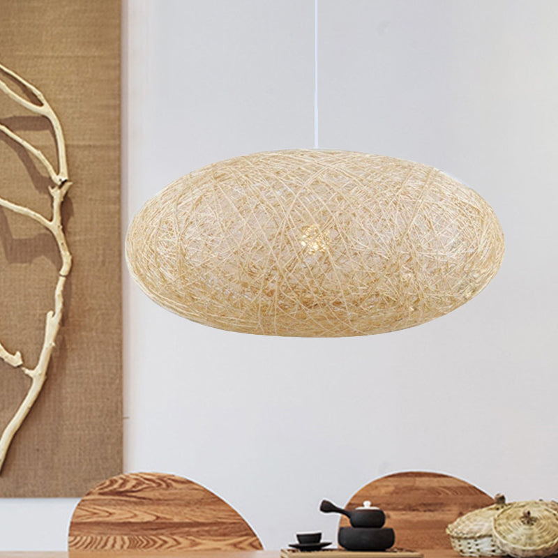 Hanging Bamboo Ceiling Light With Hand-Woven Flaxen Shade - Japanese-Inspired 1 Bulb Lighting