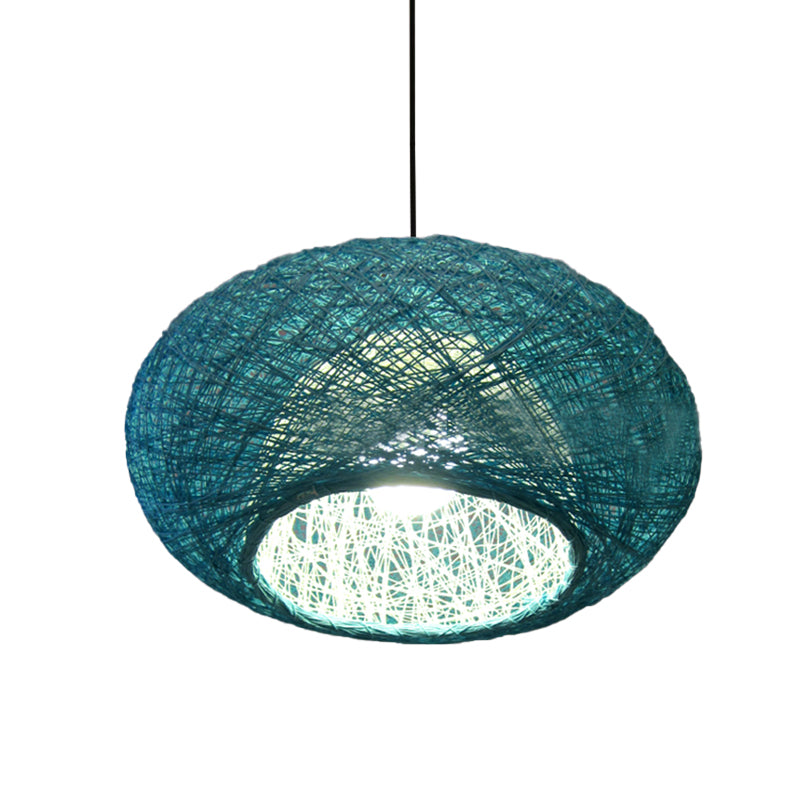 Blue Donut Asian Pendant Lamp With Rattan Shade - Ceiling Suspension Lighting