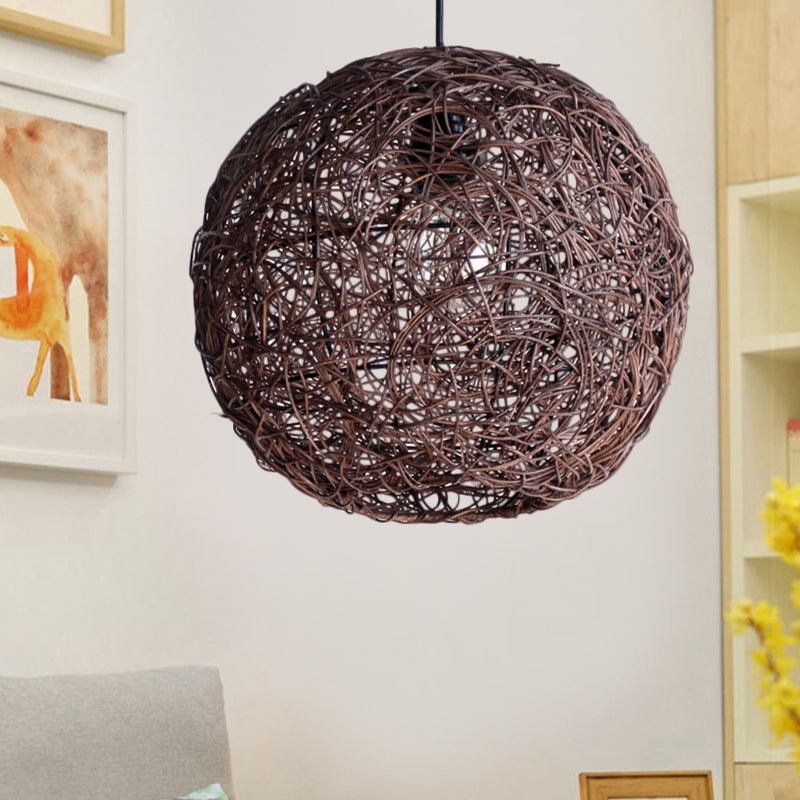 Rattan Pendant Lighting Fixture - Asian Inspired Globe Hanging Light For Bedroom 1 Bulb Coffee
