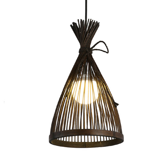 Asian Bamboo Flared Ceiling Light Pendant - Dark Coffee 8.5/12 Wide Single Bulb Fixture