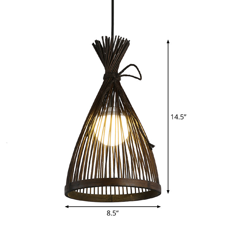 Asian Bamboo Flared Ceiling Light Pendant - Dark Coffee 8.5/12 Wide Single Bulb Fixture