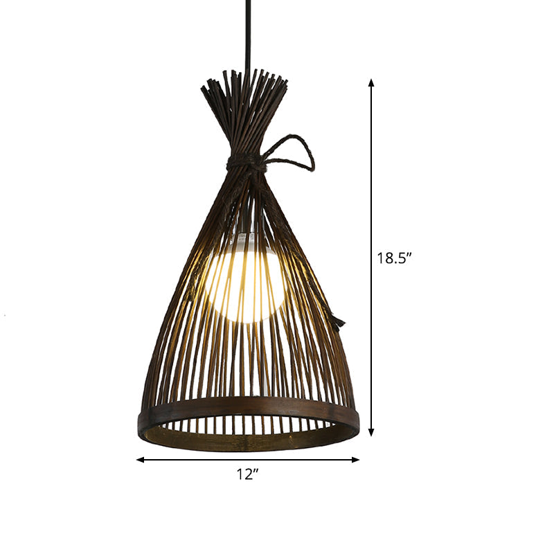 Asian Bamboo Flared Ceiling Light Pendant - Dark Coffee 8.5/12 Wide Single Bulb Fixture