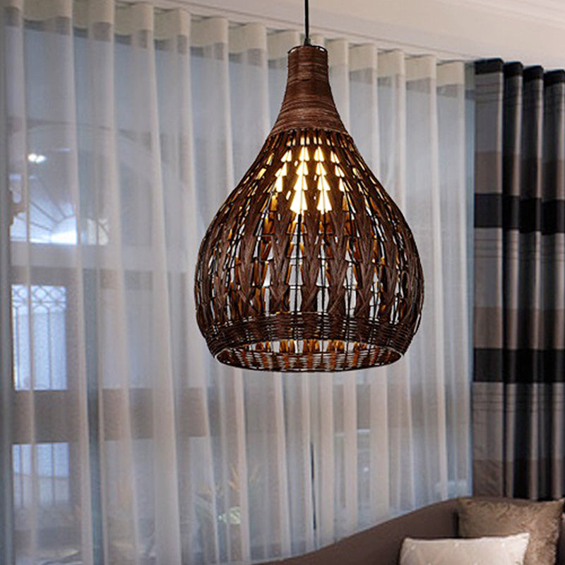 Asian Coffee Rattan Pendant Lamp With Jar Shade - Elegant Bedroom Ceiling Light