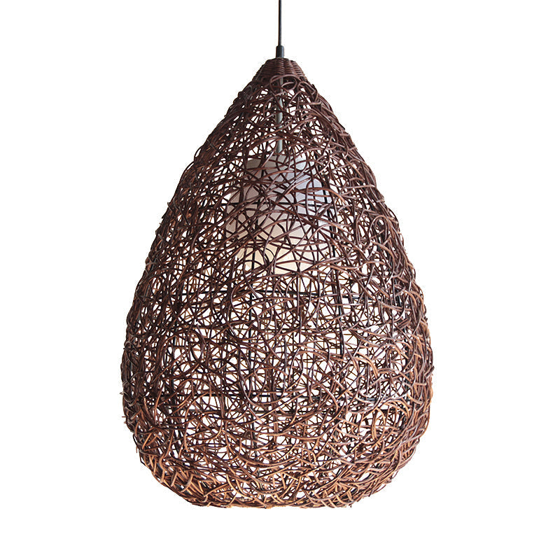 Chinese Single Bulb Hanging Light With Brown Pear Pendant And Rattan Shade - Elegant Lighting