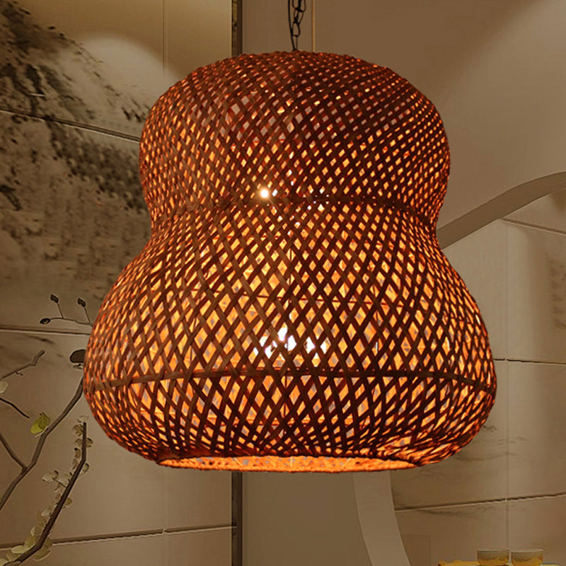 Gourd Ceiling Light - Chinese Bamboo Suspended Lighting Fixture In Coffee