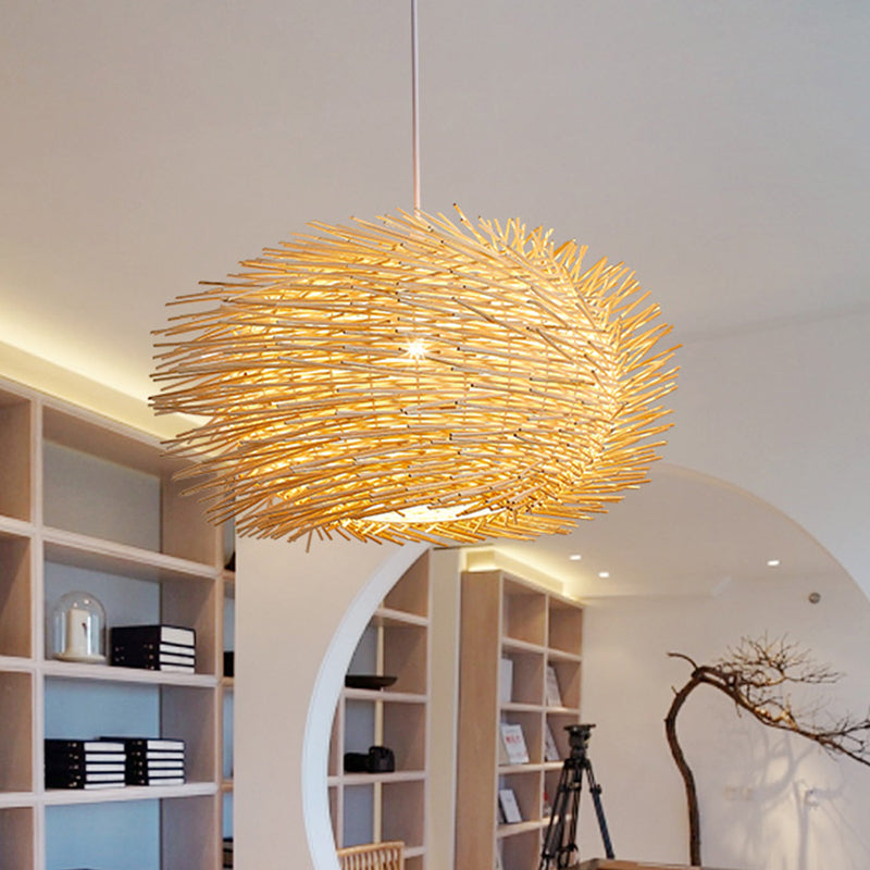 Bamboo Hanging Lantern: Asian 1-Head Beige Pendant Light For Dining Room