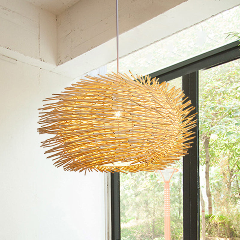 Bamboo Hanging Lantern: Asian 1-Head Beige Pendant Light For Dining Room