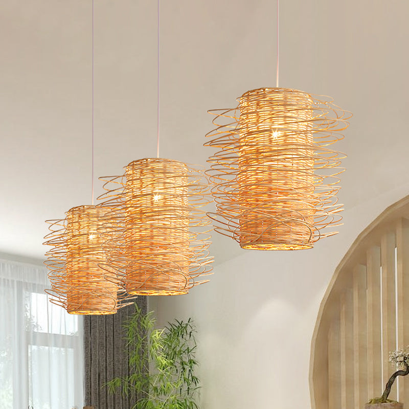 Japanese Rattan Pendant Light: Cylindrical 1-Head Ceiling Lamp In Beige