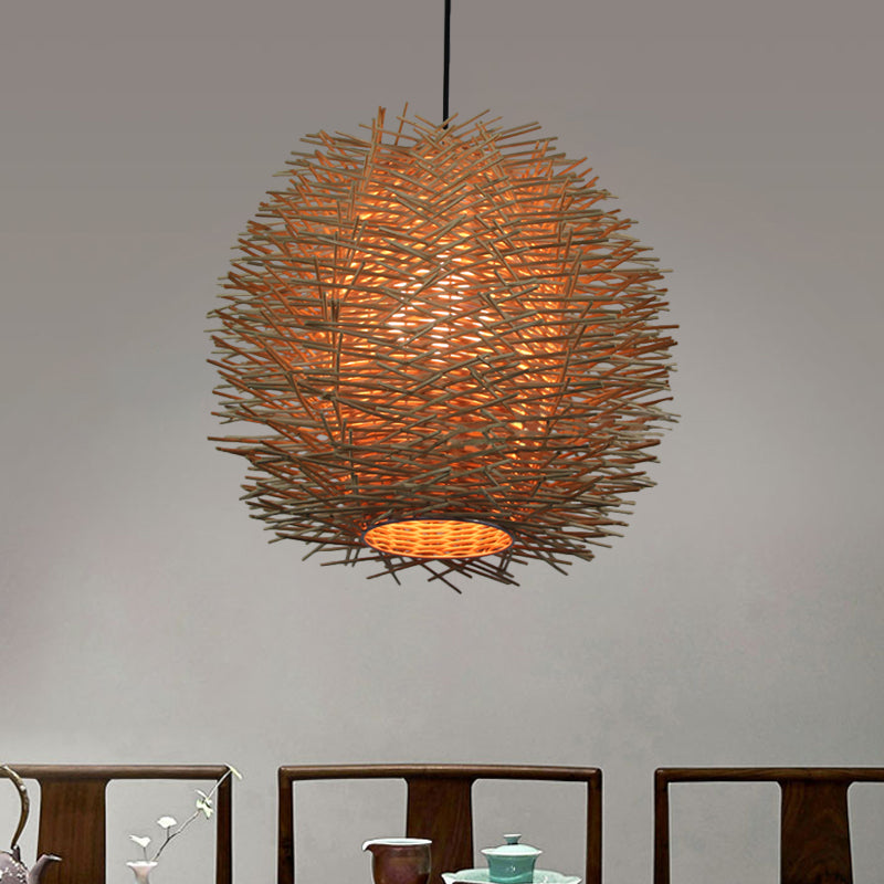 Handcrafted Chinese Rattan Ceiling Light Suspension In Beige - 1 Bulb