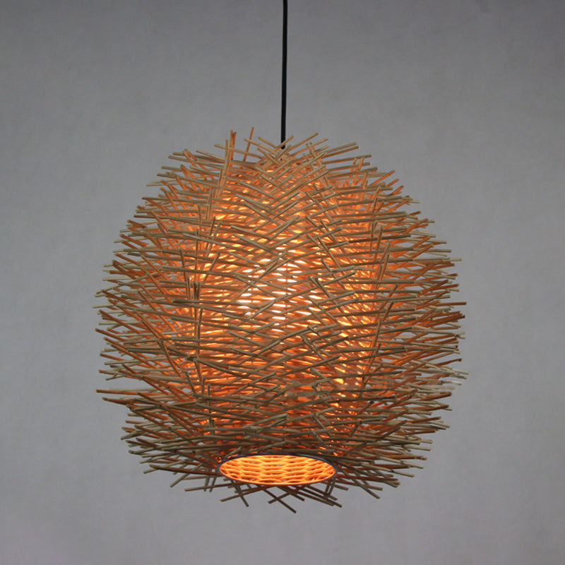 Handcrafted Chinese Rattan Ceiling Light Suspension In Beige - 1 Bulb