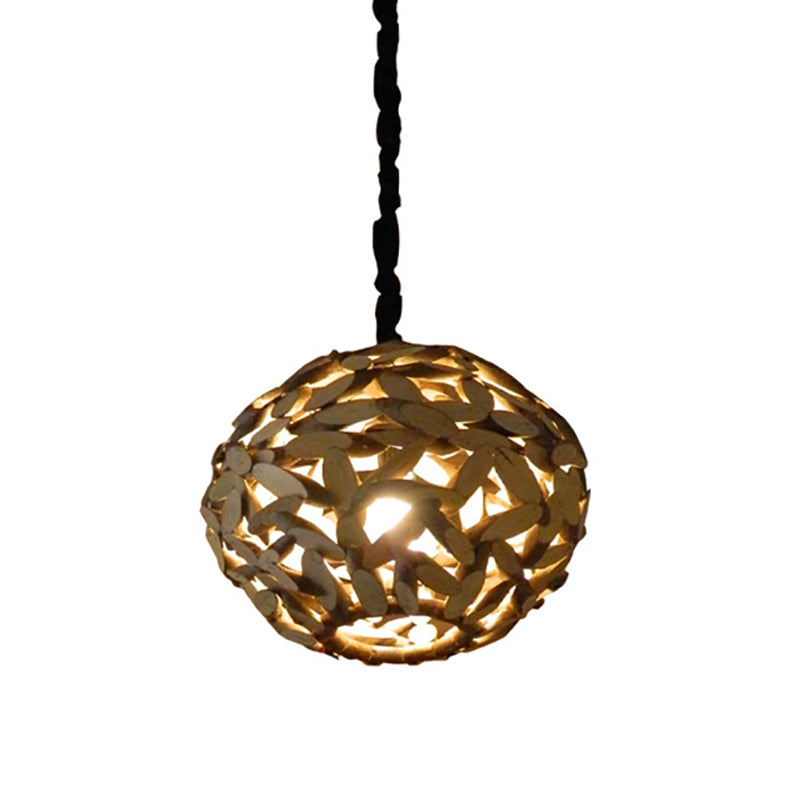 Japanese Wood Pendant Lamp - Single Head Sphere Brown Hanging Light For Bedroom