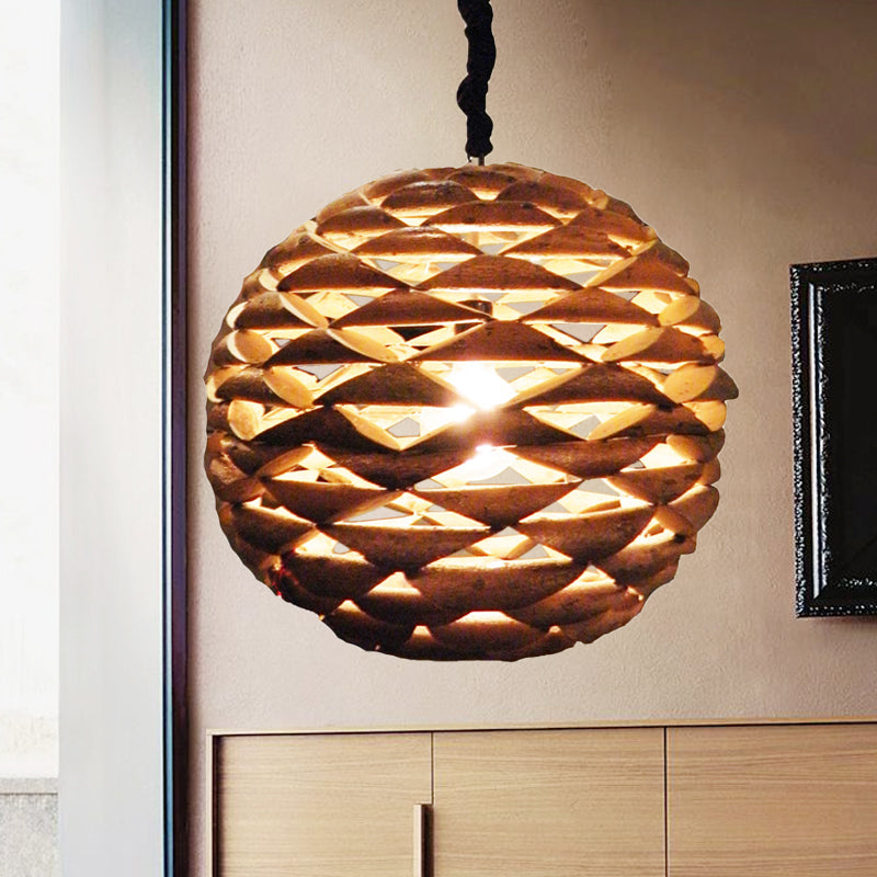 Brown Asian Wooden Pendant Light With Spherical Design And 1 Bulb 12/14 Width