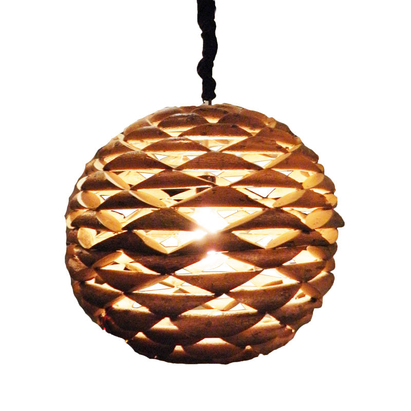 Brown Asian Wooden Pendant Light With Spherical Design And 1 Bulb 12/14 Width