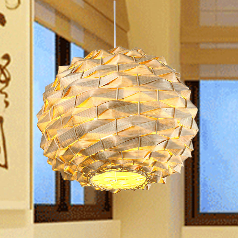 Chinese Bamboo Round Ceiling Lamp - 11/15 Wide 1 Bulb Beige Suspended Light Fixture