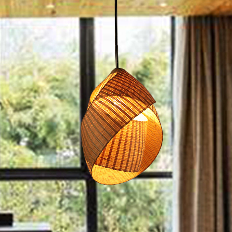 Bamboo Pendant Lamp With Flaxen Shade For Bedroom - Chinese Style