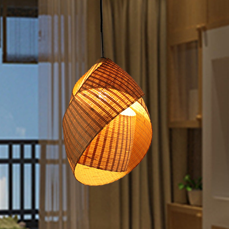 Bamboo Pendant Lamp With Flaxen Shade For Bedroom - Chinese Style