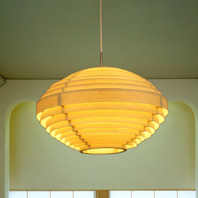 Asia Ceiling Lantern: Beige Wood Hanging Light Fixture For Living Room (1 Bulb)