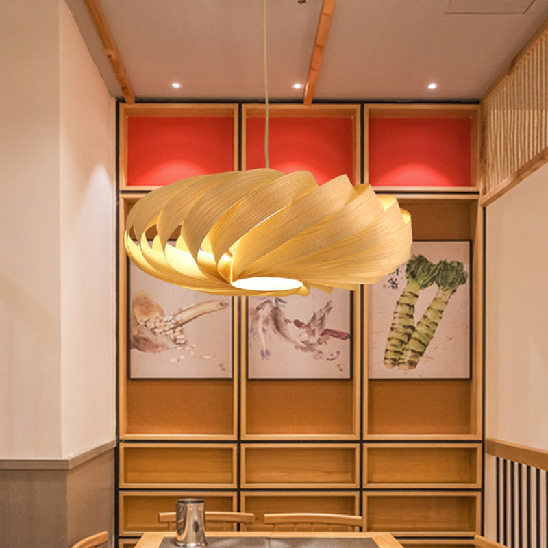 Japanese Swirl Wood Pendant Lighting - 1 Head Beige Ceiling Suspension Lamp For Restaurants