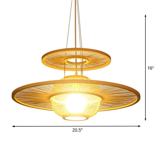 Asian Beige Bamboo Pendant Light: 1-Head Restaurant Hanging Lamp With Round Shade