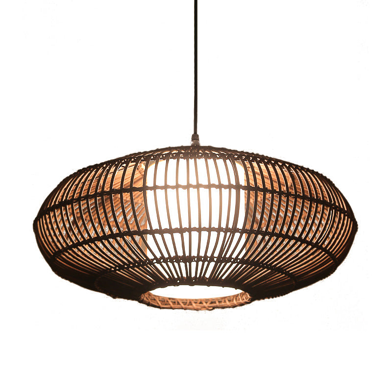 Asia Bamboo Lantern Pendant Lamp With White Acrylic Shade - Coffee Ceiling Hanging Light