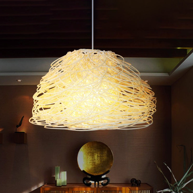 Asian White Pendant Light Fixture With Rattan Shade - Tearoom Hanging Lamp