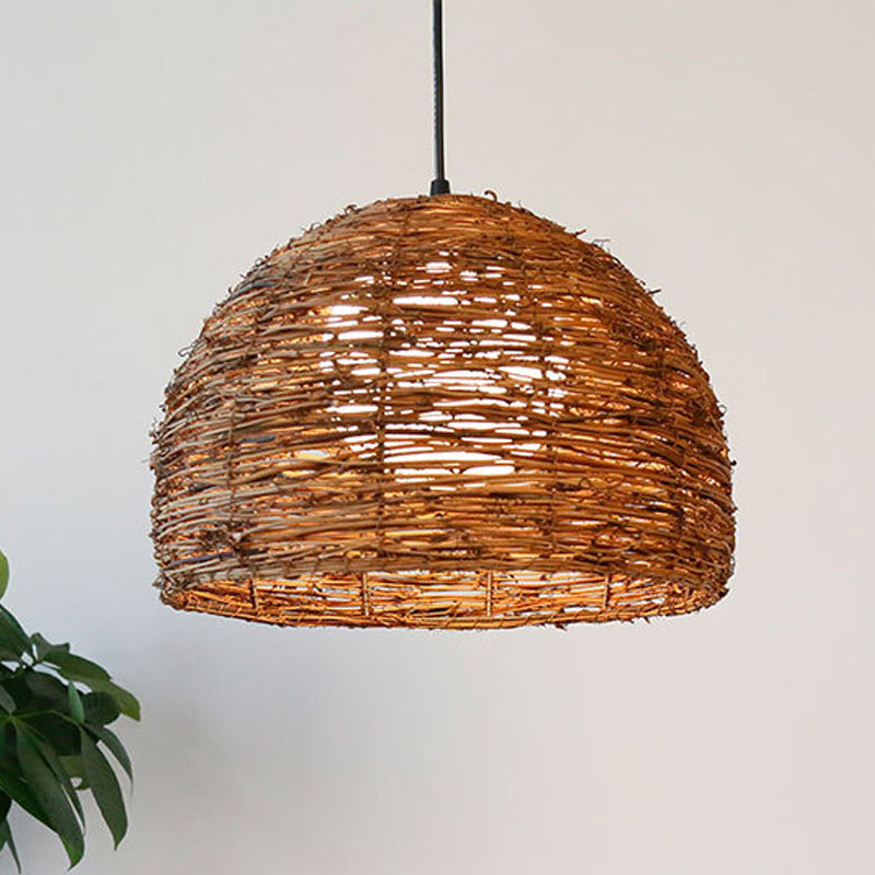 Chinese Style Rattan Ceiling Lamp With White Glass Shade - Brown 1 Bulb Hanging Fixture