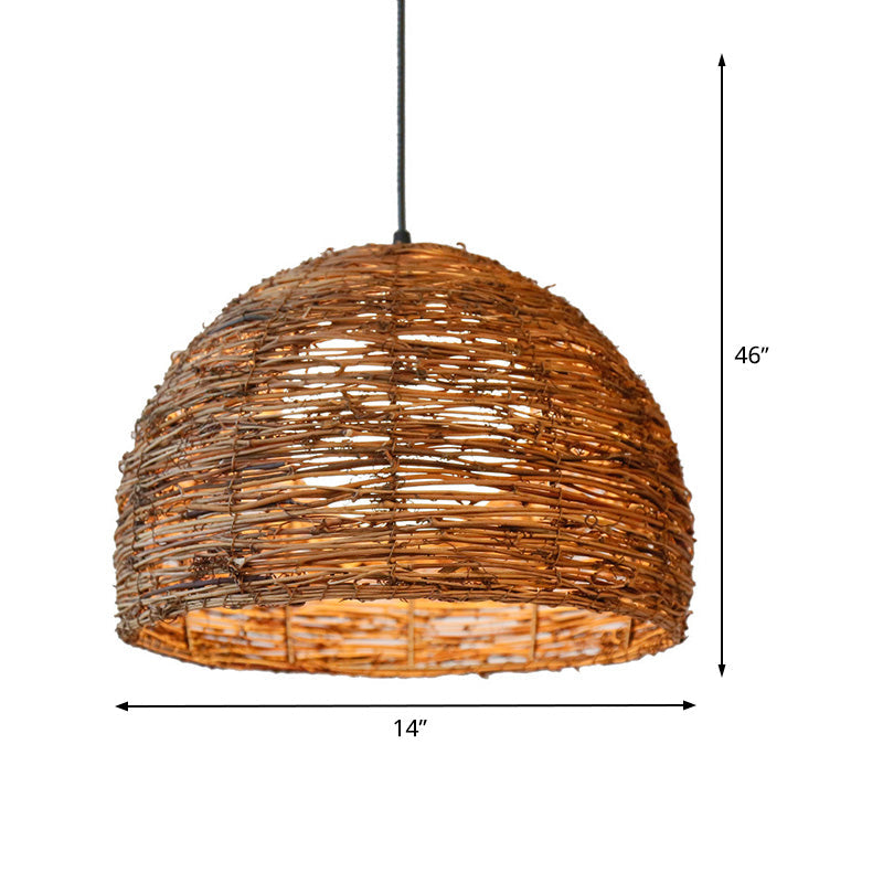 Chinese Style Rattan Ceiling Lamp With White Glass Shade - Brown 1 Bulb Hanging Fixture