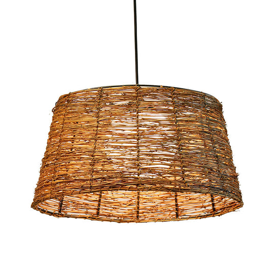 Flare Pendant Light - Asian Rattan 1-Head Brown Ceiling Lamp With Milk Glass Shade