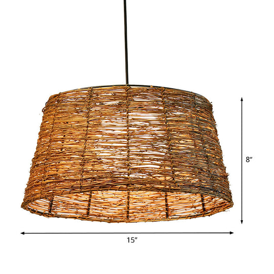 Flare Pendant Light - Asian Rattan 1-Head Brown Ceiling Lamp With Milk Glass Shade