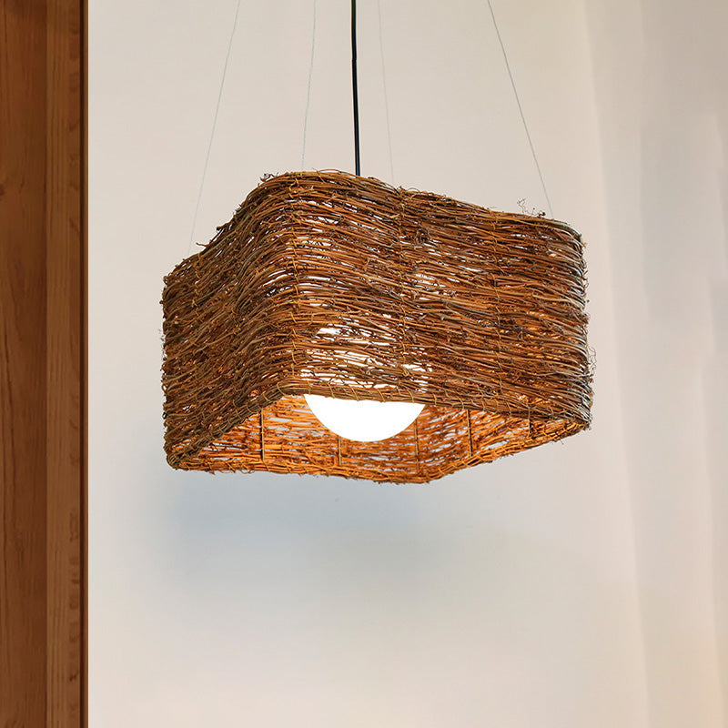 Japanese Rattan Pendant Light In Brown - Modern Rectangular Design
