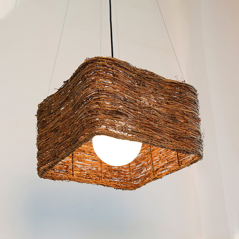 Japanese Rattan Pendant Light In Brown - Modern Rectangular Design