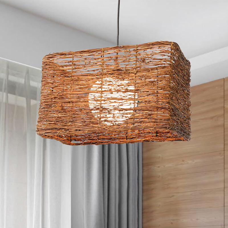 Chinese 1 Bulb Brown Hanging Lamp: Rectangle Pendant Light With Rattan Shade