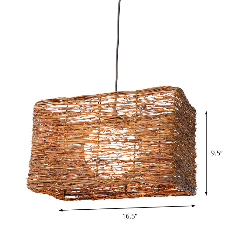 Chinese 1 Bulb Brown Hanging Lamp: Rectangle Pendant Light With Rattan Shade
